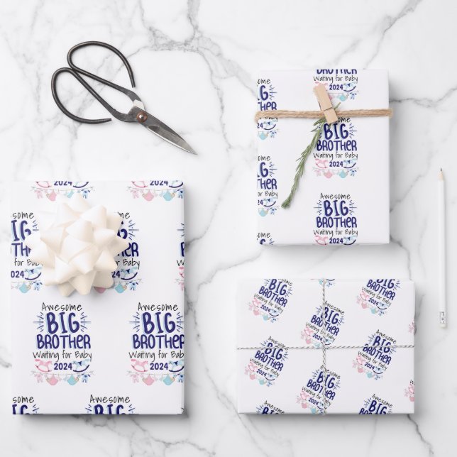 2024 New Big Brother Waiting for Baby Sibling Wrapping Paper Sheet (Front)