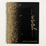 2024 Personalized Black Gold Glitter Planner<br><div class="desc">Personalize this elegant modern design with your name in vertical gold-coloured signature handwriting script on a black background trimmed with a gold faux glitter border. Add the year in sans serif font. (To keep the swashes at the beginning and end of the name, replace only the letters, leaving the symbols...</div>