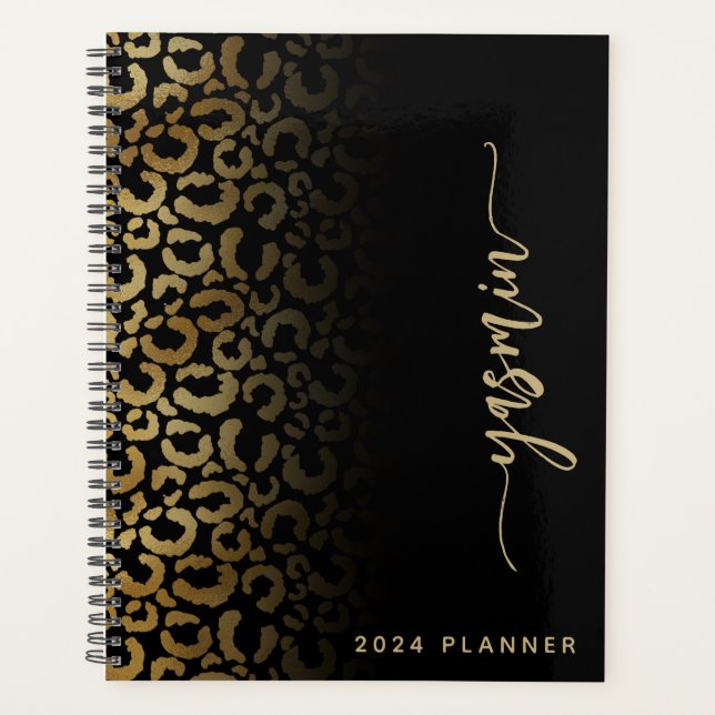 2024 Personalized Black Gold Leopard Spots Planner (Front)
