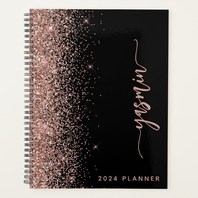 2024 Personalized Black Rose Gold Glitter Planner (Front)