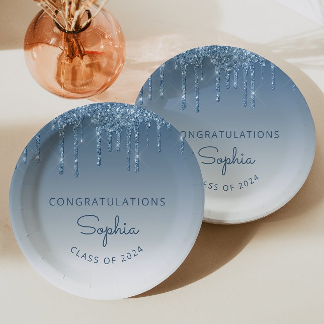 2024 Personalized Blue Glitter Drip Graduation Paper Plate (Creator Uploaded)