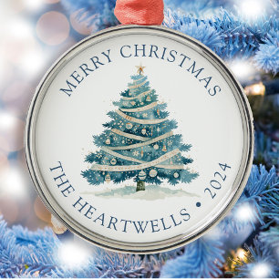 2024 Personalized Blue Watercolor Christmas Tree Metal Ornament