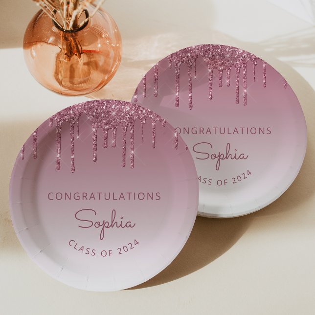 2024 Personalized Burgundy Glitter Drip Graduation Paper Plate (Creator Uploaded)