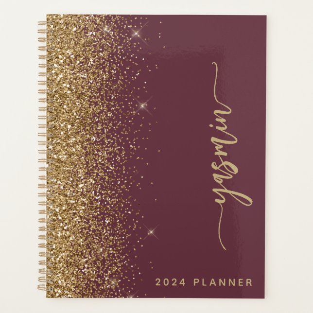 2024 Personalized Dark Burgundy Gold Glitter Planner (Front)
