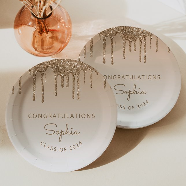 2024 Personalized Gold Glitter Drip Graduation Paper Plate (Creator Uploaded)
