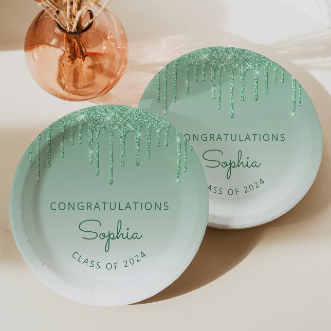 2024 Personalized Green Glitter Drip Graduation Paper Plate (Creator Uploaded)