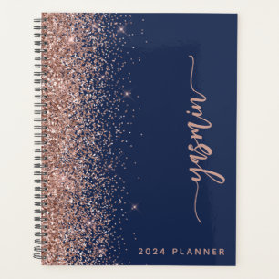2024 Personalized Navy Blue Rose Gold Glitter Planner