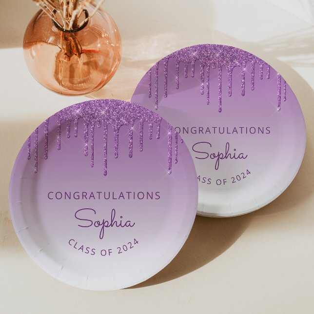 2024 Personalized Purple Glitter Drip Graduation Paper Plate (Creator Uploaded)