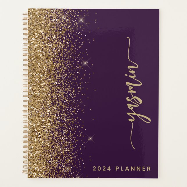 2024 Personalized Purple Gold Glitter Planner (Front)