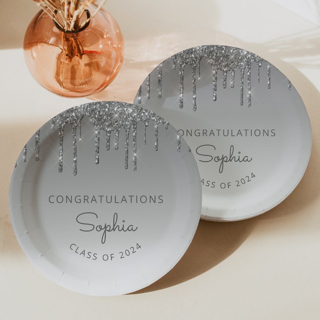 2024 Personalized Silver Glitter Drip Graduation Paper Plate (Creator Uploaded)