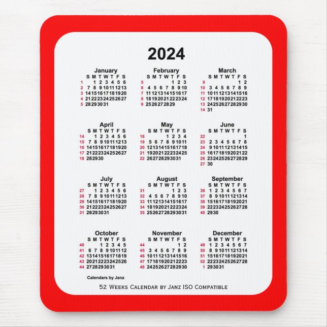2024 Red 52 Weeks ISO Calendar by Janz Two Tone Mouse Pad (Front)