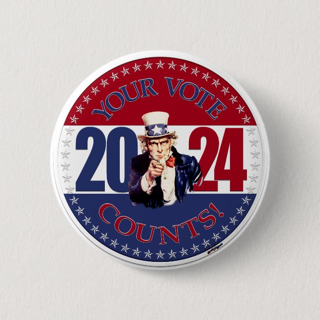 2024 Red and Blue Your Vote Counts Uncle Sam 2 Inch Round Button (Front)