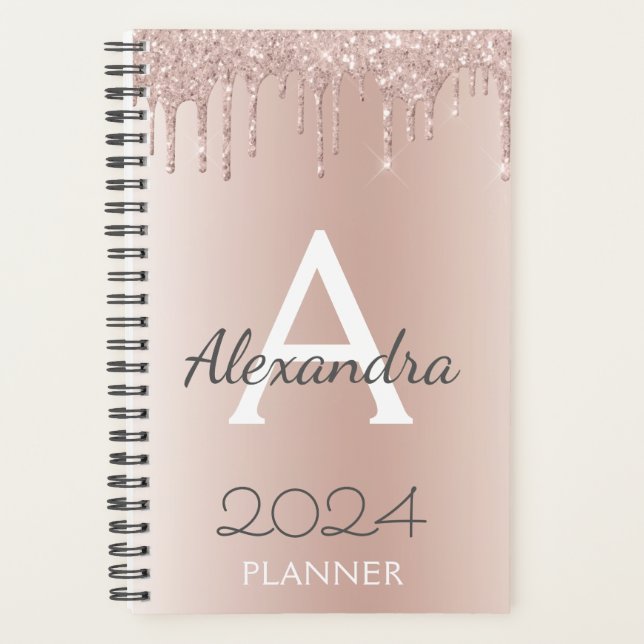 2024 Rose Gold - Blush Pink Girly Glitter Monogram Planner (Front)