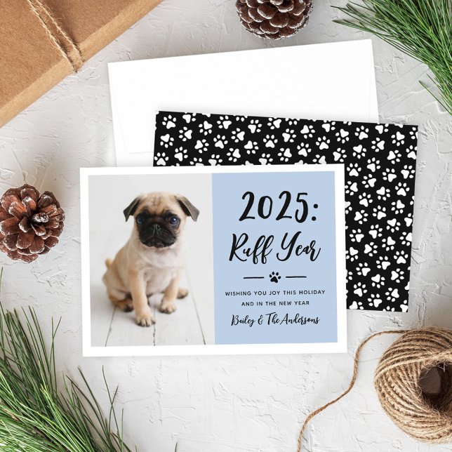 2024 Ruff Year Dusty Blue Funny Dog Photo Holiday Card (Creator Uploaded)