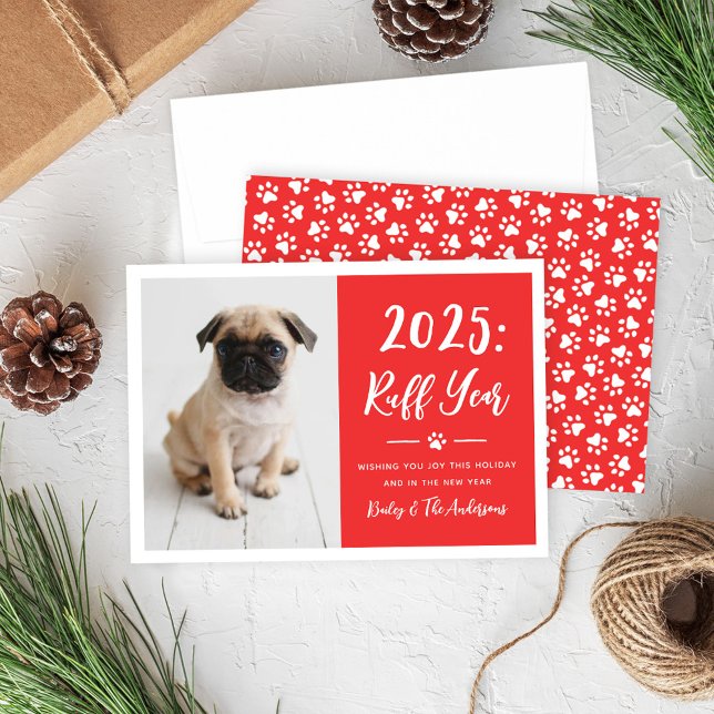2024 Ruff Year Red Funny Dog Photo Holiday Card (Creator Uploaded)