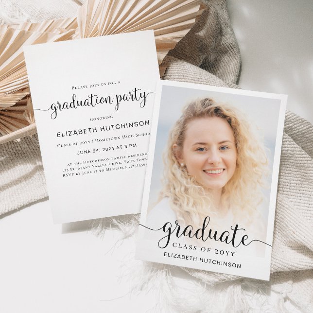 2024 Simple Script Overlay Photo Graduation Party Invitation (Creator Uploaded)