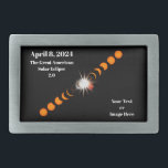 2024 Total Solar Eclipse Belt Buckle<br><div class="desc">Do you plan to see the 2024 Total Solar Eclipse? Then let the world know you will be there and that it will be awesome. This design consists of sequential images of a total solar eclipse in progress, showing the diamond ring effect at the centre, with the date "April 8....</div>