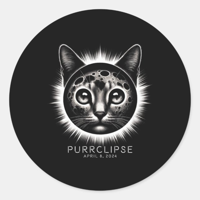 2024 Total Solar Eclipse Cat Eclipse Cat With Classic Round Sticker (Front)