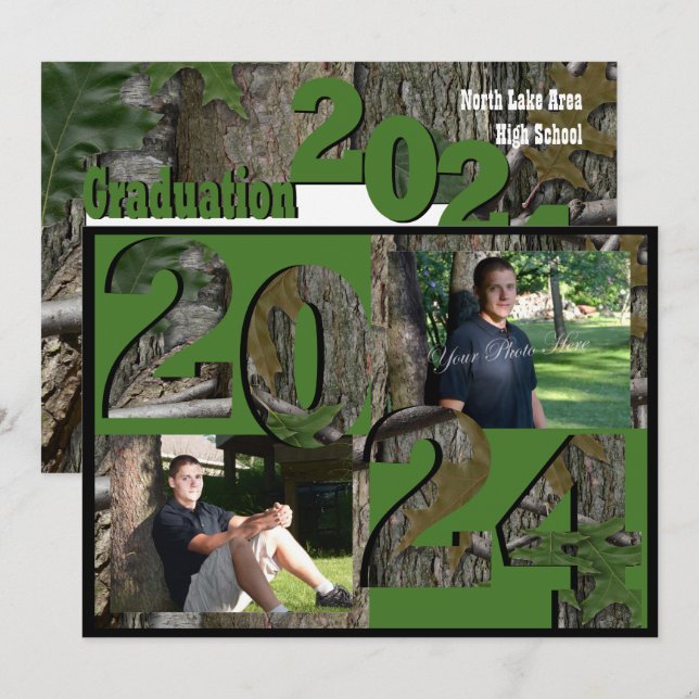 2024 Tree Camo Graduation Twin Photo Hunter Green Invitation (Front/Back)