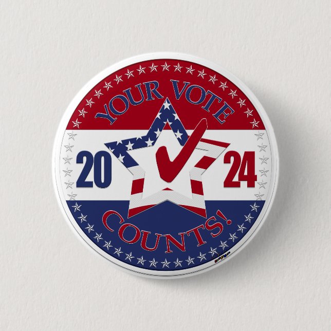 2024 USA Flag Your Vote Counts Star Check Mark 2 Inch Round Button (Front)