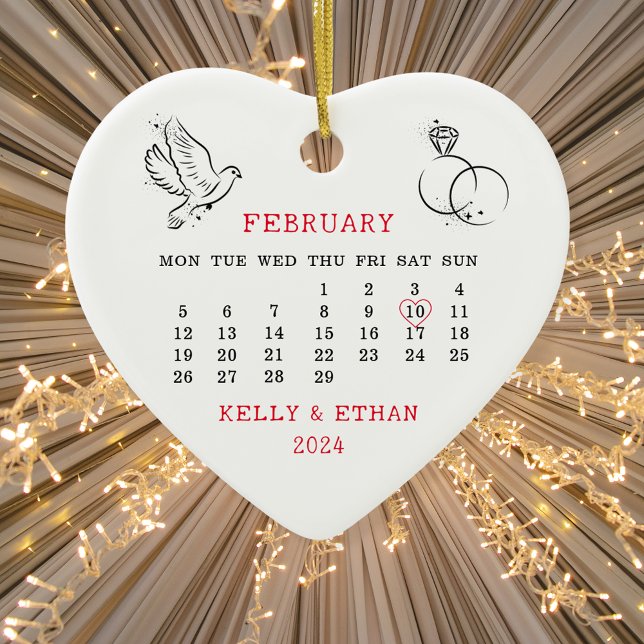 2024 Wedding Date Heart Calendar Married Ceramic Ornament (Creator Uploaded)