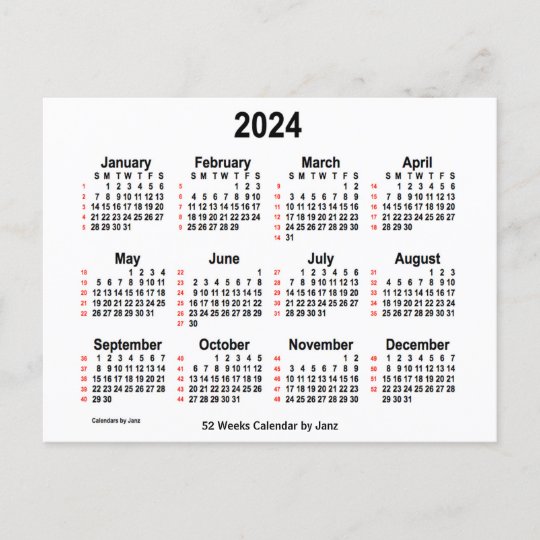2024 White 52 Weeks Calendar by Janz Postcard Zazzle.ca