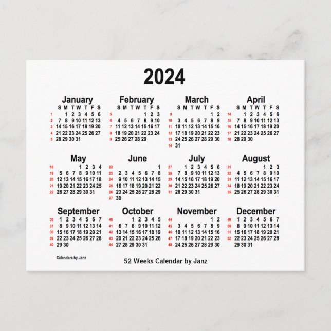 2024 White 52 Weeks Calendar by Janz Postcard (Front)