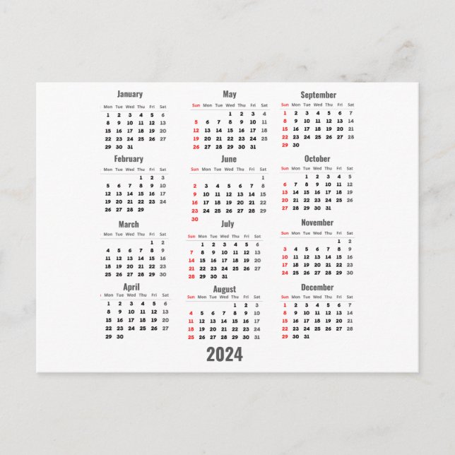 2024 White 52 Weeks Calendar Postcard (Front)