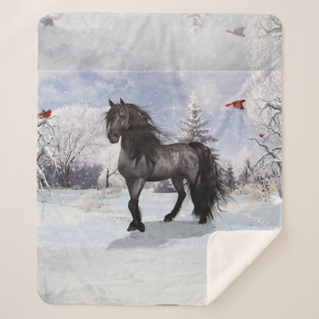 2024 Winter Holiday Friesian Horse Sherpa Blanket (Front)