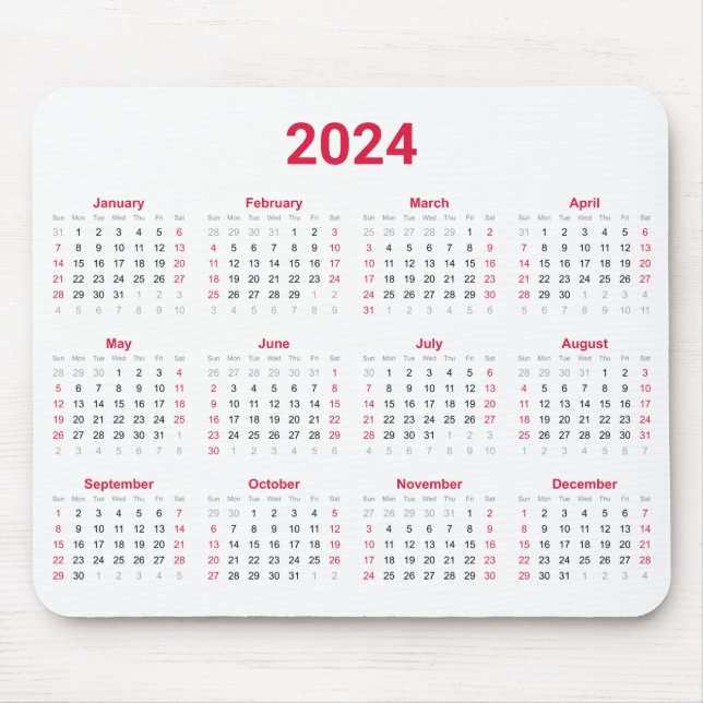 2024 Year At A Glance Red and White Calendar Mouse Pad (Front)