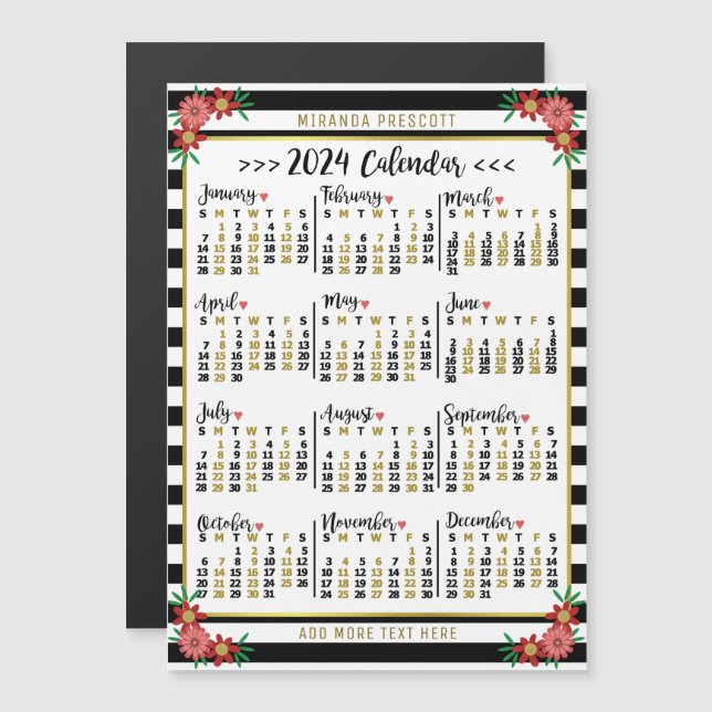 2024 Year Calendar Black Stripe Floral Custom Name Magnetic Invitation (Front/Back)