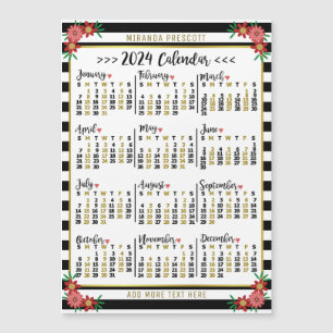2024 Year Calendar Black Stripe Floral Name Magnet