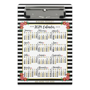 2024 Year Calendar Cute Floral Stripes   Custom Mini Clipboard