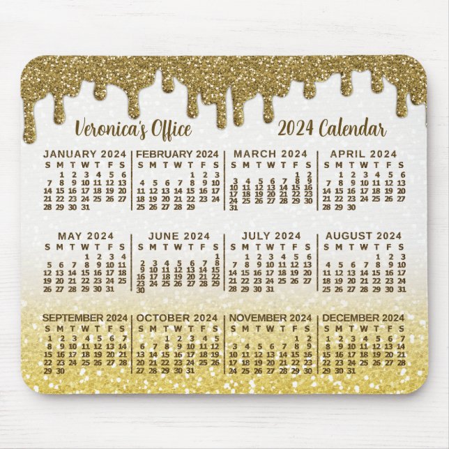 2024 Year Calendar Faux Gold Glitter Drips Custom Mouse Pad (Front)