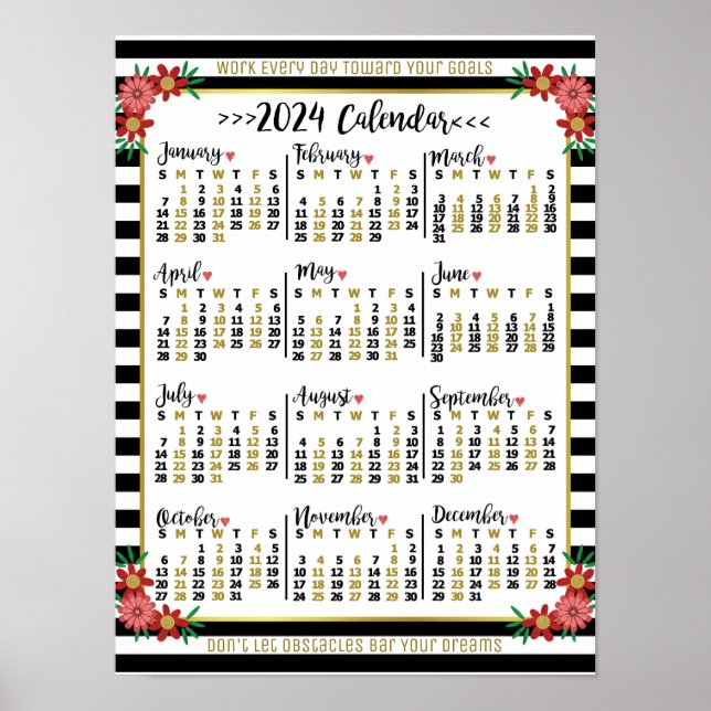 2024 Year Calendar Floral Stripes | Custom Text Poster (Front)