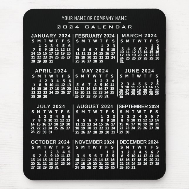 2024 Year Monthly Calendar Black White Custom Name Mouse Pad (Front)