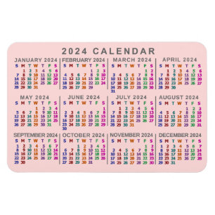 2024 Year Monthly Calendar Blush Pink Colorful Magnet