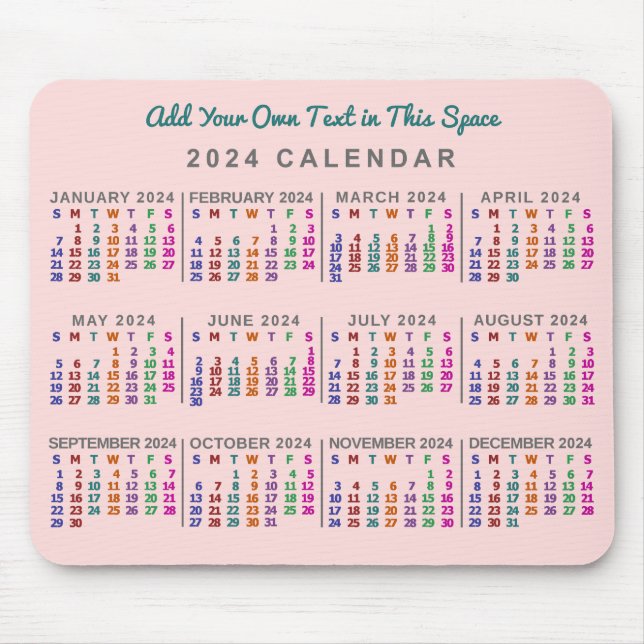 2024 Year Monthly Calendar Blush Pink Personalized Mouse Pad (Front)