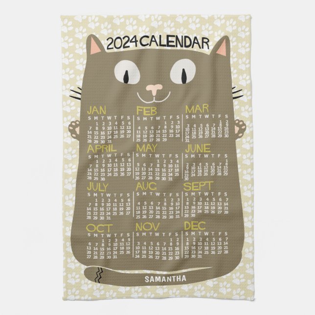 2024 Year Monthly Calendar Mid-Century Brown Cat Kitchen Towel (Vertical)