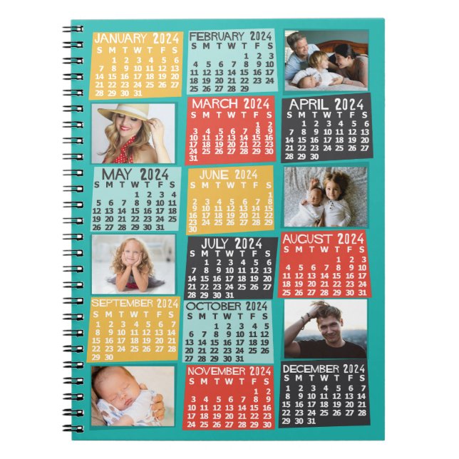 2024 Year Monthly Calendar Modern 6 Photo Collage Notebook (Front)