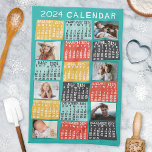2024 Year Monthly Calendar Modern Photo Collage Kitchen Towel<br><div class="desc">This personalized 2024 year monthly calendar kitchen towel has a mid-century modern geometric look with asymmetrical colour blocks and cut-out paper style typography. Use the easy templates to add six of your favourite photos (horizontal work best, but all shapes will automatically adjust to fit the frames). This vibrant, ultra-mod calendar...</div>