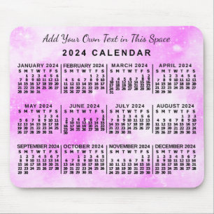 2024 Year Monthly Calendar Pink Watercolor Custom Mouse Pad