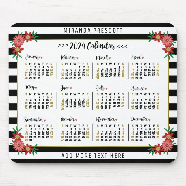 2024 Year Monthly Calendar | Preppy Floral Stripes Mouse Pad (Front)