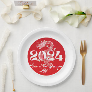 2024 year of the dragon red white paper plate
