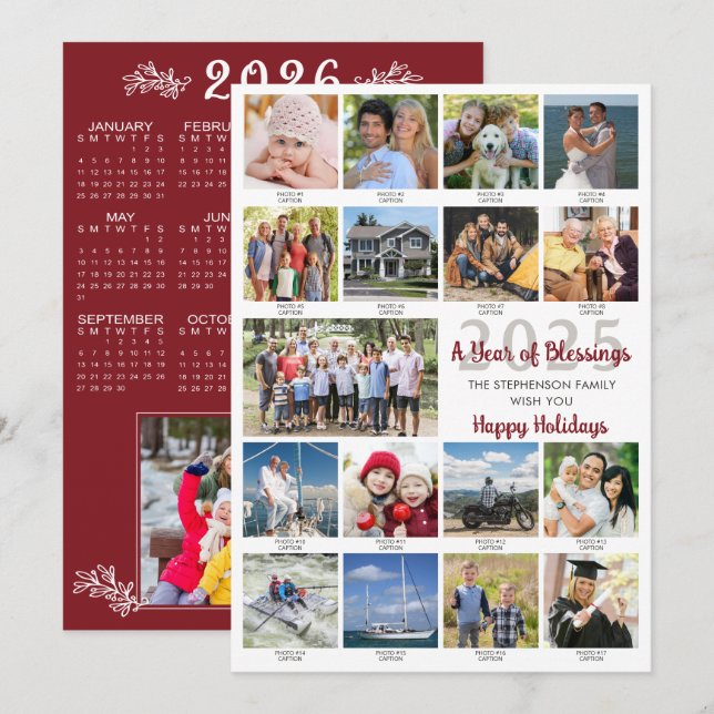 2025 18 Photo Collage Captions 2026 Calendar Holiday Card (Front/Back)