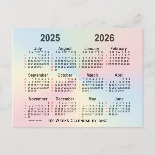 2025-2026 Rainbow 52 Weeks Calendar by Janz Postcard (Front)