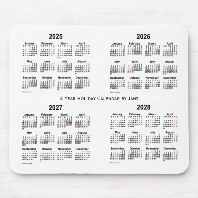 2025-2028 White Holiday Calendar by Janz Mouse Pad (Front)