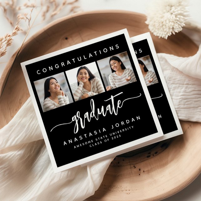 2025 3-Photo Black White Congratulations Graduate Napkin (Creator Uploaded)