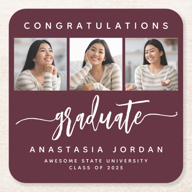 2025 3-Photo Burgundy Congratulations Graduate Square Paper Coaster (Front)