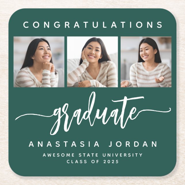 2025 3-Photo Green Congratulations Graduate Square Paper Coaster (Front)